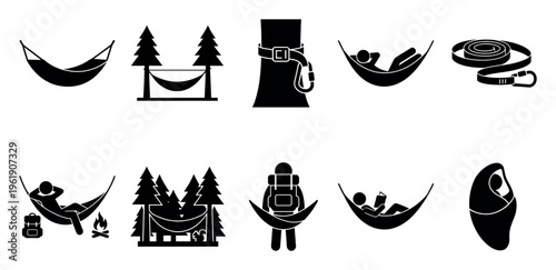 Collection of black and white vector icons depicting various camping and relaxation scenes using hammocks, including people resting, trees, backpacks, and sleeping bags.