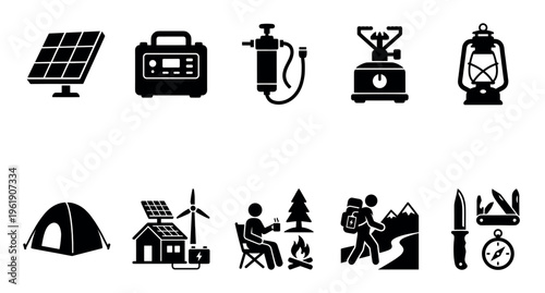A collection of black vector icons representing camping and outdoor adventure equipment, including a solar panel, portable power station, water filter, stove, lantern, tent, and hiking accessories.