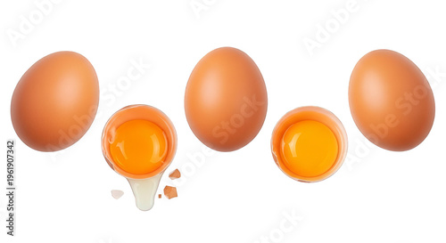 Brown eggs with one cracked open, isolated on white background