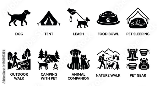 Set of black and white vector icons illustrating various pet-related activities including walking, camping, nature, and gear.