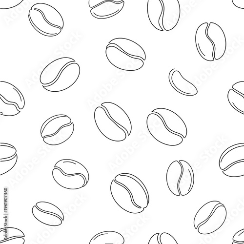 Seamless pattern of outlined coffee beans scattered randomly on a white background, perfect for textile or wallpaper design.