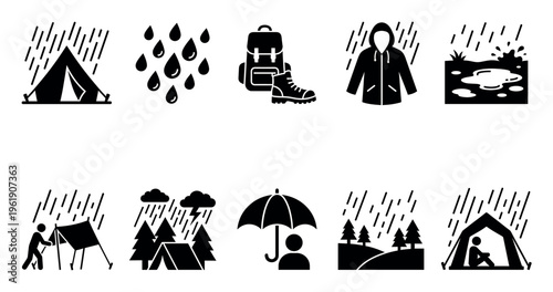 A collection of black and white iconographic illustrations depicting various aspects of camping and outdoor activities in rainy weather.