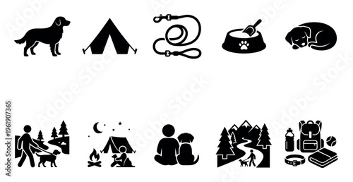 A collection of black and white vector icons depicting various dog-related outdoor activities like camping, hiking, and walking, symbolizing companionship and adventure.