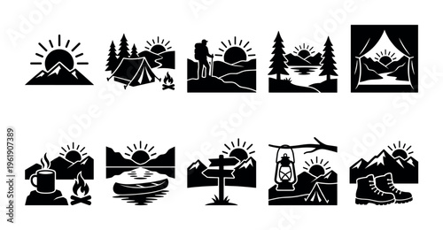 A collection of black and white silhouette icons depicting various camping and outdoor adventure scenes with a sunrise or sunburst motif in natural settings.