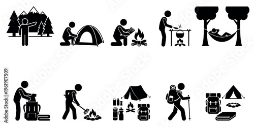 This collection of black and white stick figure icons depicts various outdoor camping and hiking activities, including setting up a tent, cooking over a campfire, and relaxing in a hammock.