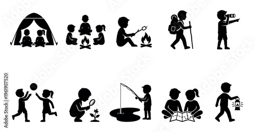 A collection of black silhouette icons depicts children engaged in various outdoor recreational activities like camping, hiking, fishing, and playing, representing childhood fun and adventure.