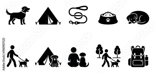 This set of black icons depicts various dog-related travel and outdoor activities, including walking, camping, and feeding.