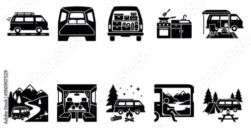 Collection of black and white vector icons illustrating various aspects of camper van life, including travel, camping, and outdoor activities.