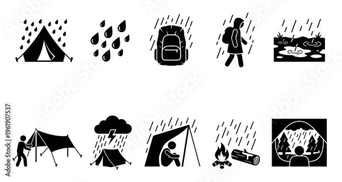 This collection of black and white pictogram icons depicts various aspects of camping in the rain, including tents, backpacks, and people seeking shelter.