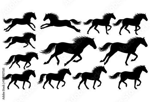 Dynamic Horse Silhouette Collection with Galloping and Running Equine Figures Flat Vector Set