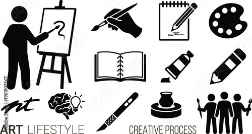 Creative art lifestyle icons set, artist tools and process symbols, painting drawing concept, minimal black silhouette design illustration collection