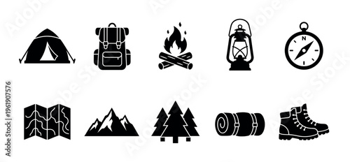 A clean set of ten black and white vector icons representing camping and outdoor adventure activities and equipment, perfect for travel blogs or infographics.