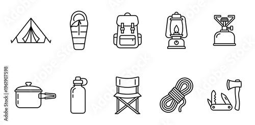 A collection of simple line art icons representing essential camping equipment, perfect for travel brochures, outdoor guides, or adventure websites.