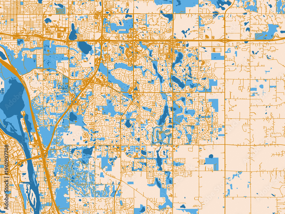Naklejka premium City map of Woodbury, Minnesota – golden linework with blue water
