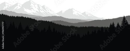 Mountain Silhouette with Forest Trees against Snowy Peaks