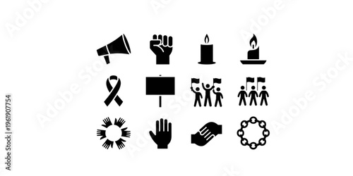 A set of black and white vector icons representing activism and social movements on transparent background