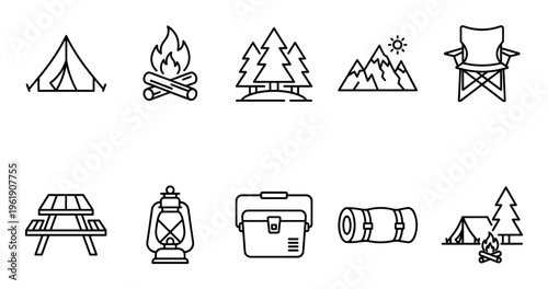 A collection of black and white line art icons representing various camping and outdoor adventure elements, perfect for illustrating leisure activities and nature.