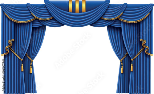 Grand royal blue drapes with gold trim accents, luxurious theatre stage curtain design element, velvet curtain