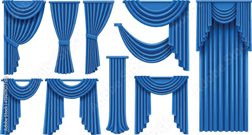 Assortment of royal blue fabric drapes and curtains, decorative pleated swags and valances for interiors, blue velvet