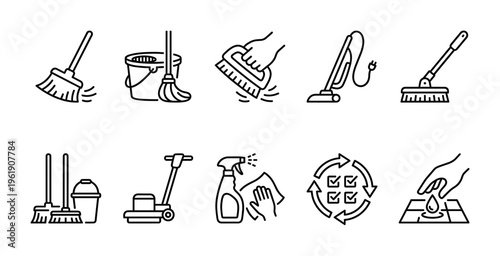 A clean line art set of icons depicting various cleaning tools and processes for household or commercial use, representing cleanliness and hygiene.