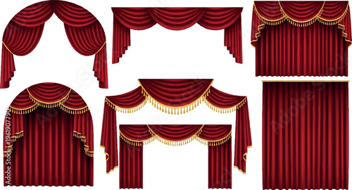 Rich red drapes with gold trim, luxury velvet stage curtains, swags, and valances for theatrical sets, velvet curtain
