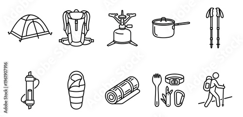A collection of clean, black and white line art icons representing essential camping and hiking equipment, perfect for adventure and outdoor activity themes.