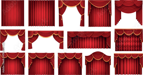 Collection of red theatre stage curtains with gold trim, various styles and sizes for performances, interior design