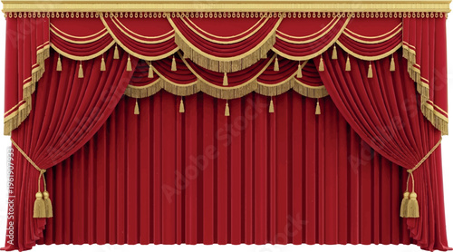 Luxurious red velvet stage curtains with gold trim and swags, rich theatre drapery backdrop, interior design