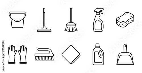 A collection of simple line art icons depicting essential cleaning supplies like a bucket, mop, broom, spray bottle, sponge, gloves, brush, cloth, detergent, and dustpan.