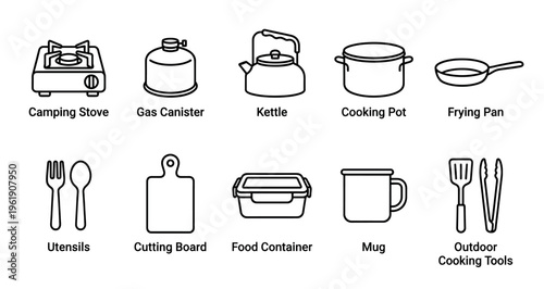 A collection of simple line art icons depicting essential camping and outdoor cooking equipment, perfect for travel and adventure themes.