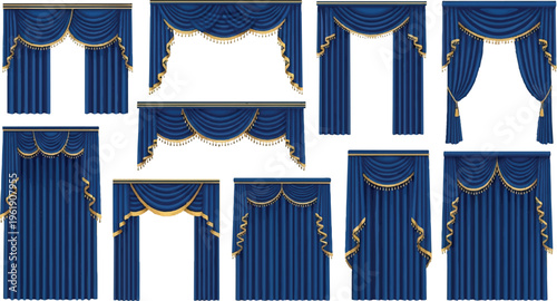 Assortment of royal blue velvet stage curtains with gold trim and decorative swags with interior design