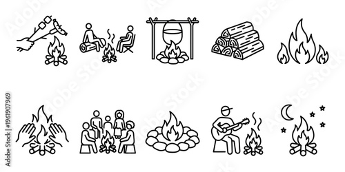 A collection of stylized black and white line art icons depict various campfire activities, including roasting food, socializing, cooking, and enjoying music under the stars.