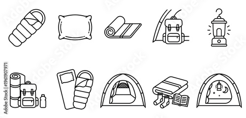 This clean line art collection features essential camping equipment including sleeping bags, tents, backpacks, and lanterns for outdoor adventures.