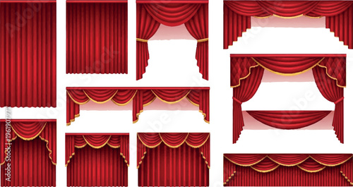 Multiple red stage curtain designs with gold trim and decorative swags, theatre and event drapery, interior design