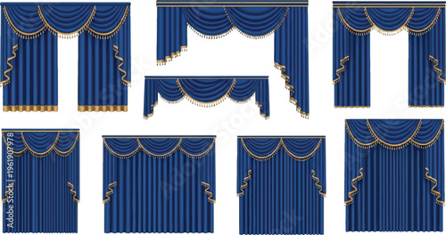 Set of elegant blue velvet stage curtains with gold trim, featuring swags and tassels, royal decor, interior design