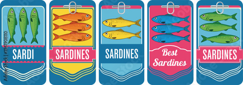 Vintage sardines packaging labels set with colorful fish illustrations and retro seafood branding design vector illustration collection