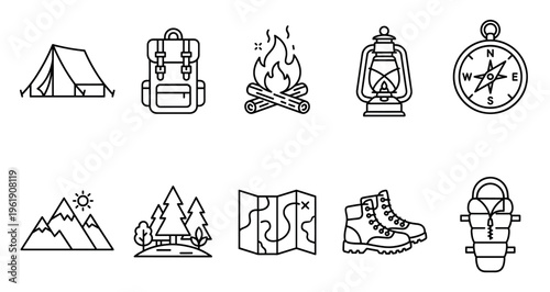 A collection of simple outline icons depicting camping and hiking essentials including a tent, backpack, campfire, lantern, compass, mountains, trees, map, boots, and sleeping bag.