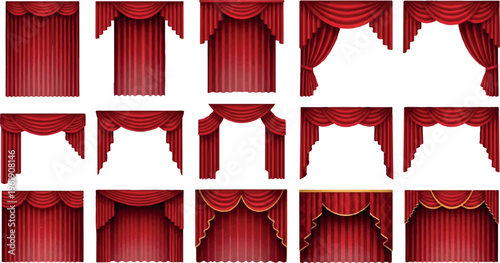Collection of red theater curtains, stage backdrops with gold trim and tassels, set of elegant opera drapery, decorative window treatments, opulent interior elements