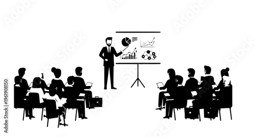 Business training seminar with mentor presenting charts and graphs to audience in modern flat vector style