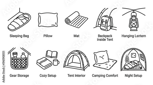 A collection of simple line art icons depicting essential camping gear and cozy tent setups, perfect for outdoor adventure themes.