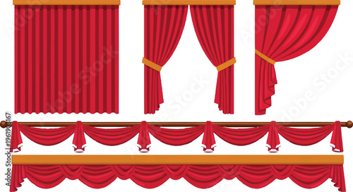 Red velvet curtains and decorative swags with gold trim and tassels, set of theatrical stage elements, elegant window coverings, festive interior decorations