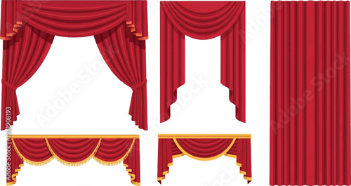 Collection of red velvet stage curtains, pleated drapery with gold trim and tassels, elegant set of opera backdrops, window treatments, luxury interior decor