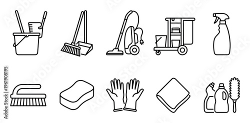 A collection of clean line art icons representing various household cleaning tools and supplies on a white background.