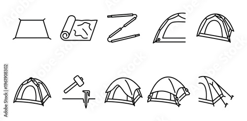 A collection of simple black line icons depicts various camping gear essentials, including tents, poles, a rolled sleeping pad, and a hammer with a tent stake.