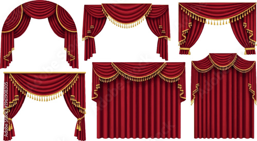 Collection of red velvet drapes with gold trim for stage, theater, and event decorations, home decor