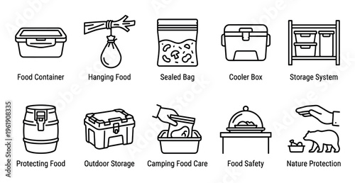 A collection of simple line art icons representing various food storage and protection methods for outdoor activities, camping, and nature.