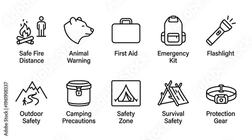 A collection of minimalist line art icons representing various aspects of outdoor safety and camping precautions, perfect for informational graphics and web design.