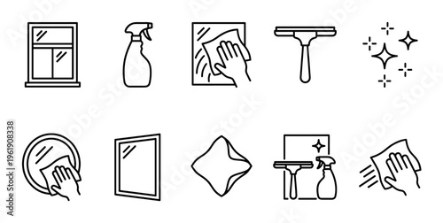 A set of clean line icons illustrating various cleaning tools and actions for windows, mirrors, and surfaces, depicting a spray bottle, squeegee, cloth, and sparkling results.