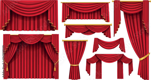 Assorted red velvet stage curtains and drapes with decorative gold trim for theatrical and event settings with home decor