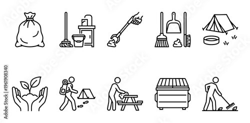 This set of minimalist line art icons visually represents various cleaning, maintenance, and recycling tasks, suitable for websites, presentations, and educational materials.